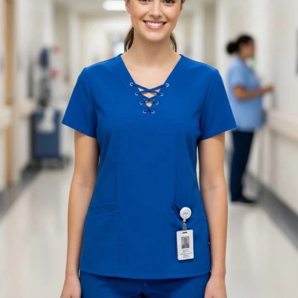 Easy Stretch Butter-Soft Women's Blue Scrub Top Medical Solid Size M